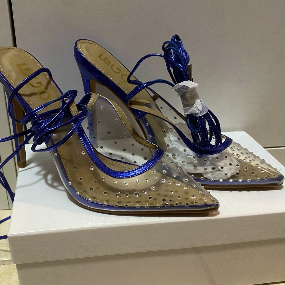 Skyla Lace Up Diamante Detail Pointed Toe Court Heel In Metallic Blue Faux